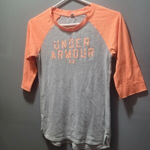 Under Armour Grey and Orange Cropped Raglan Sleeve Top S